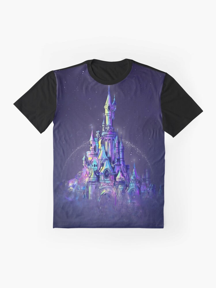 Disney-inspired watercolor illustration of a magical princess castle in a fairytale kingdom - Flat lay