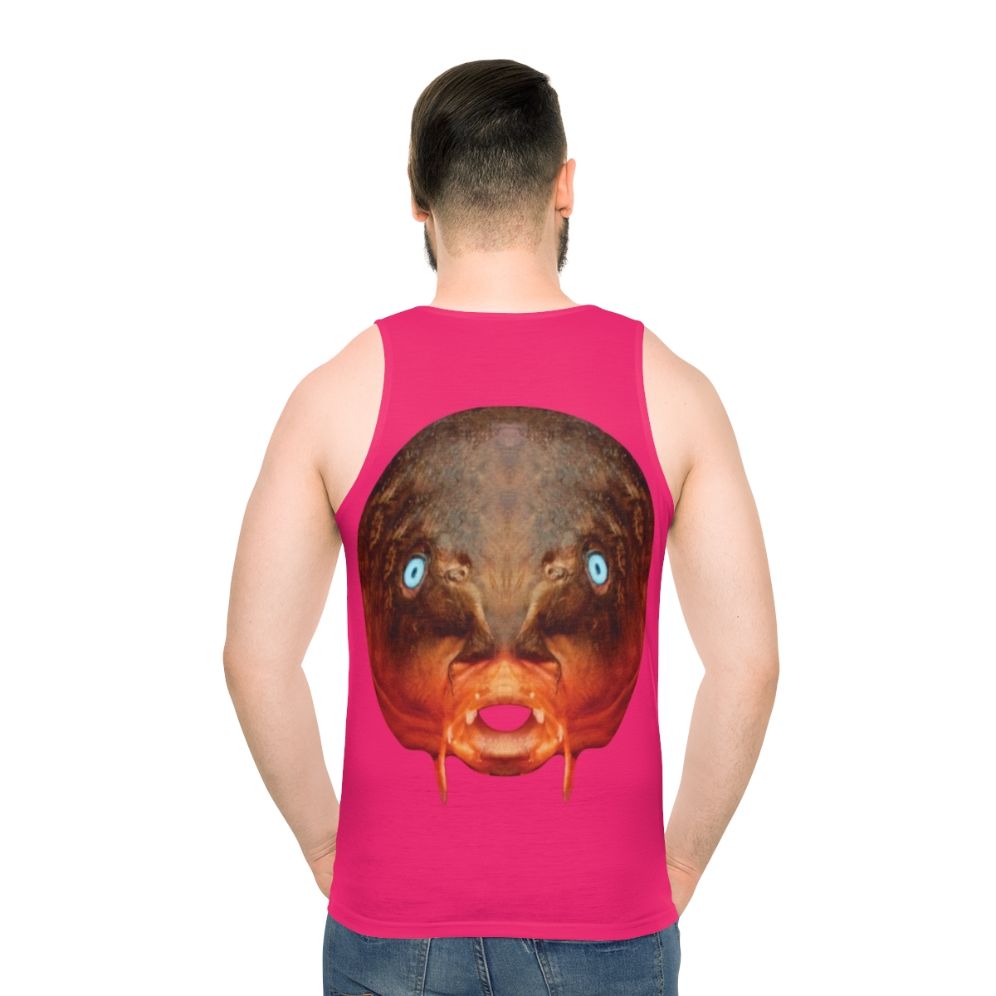 Unisex tank top featuring a surrealist "Trout Mask Replica" design - men back