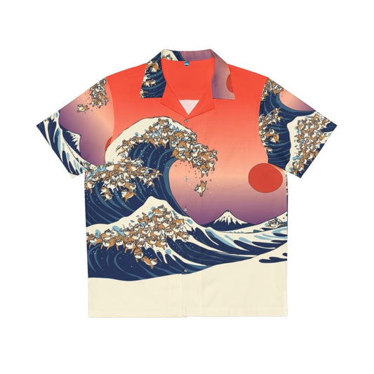 Vintage-style Hawaiian shirt featuring a Shiba Inu dog and an ocean wave design