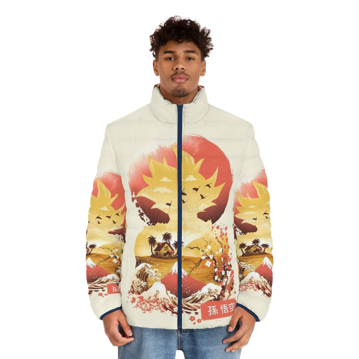 Ukiyo-E Super Saiyan Anime Puffer Jacket featuring Japanese art and Dragonball inspired design - men front