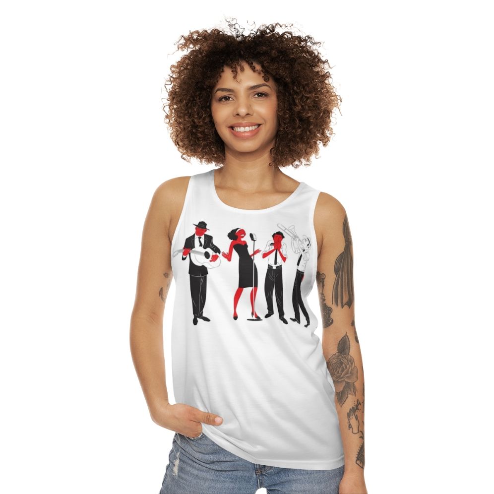 Blues band unisex tank top with delta blues and jazz singer design - women