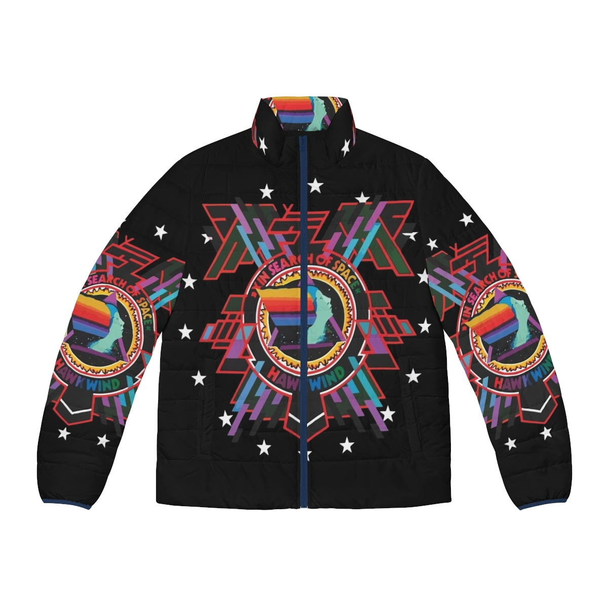 Vintage Hawkwind "In Search of Space" puffer jacket featuring the iconic album cover art