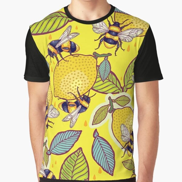 Graphic t-shirt design featuring a yellow lemon, bee, and garden elements