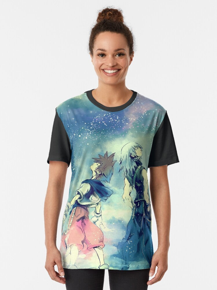 A colorful graphic t-shirt design featuring characters from the Kingdom Hearts video game series, with the text "One Sky One Destiny" and various symbols and icons. - Women