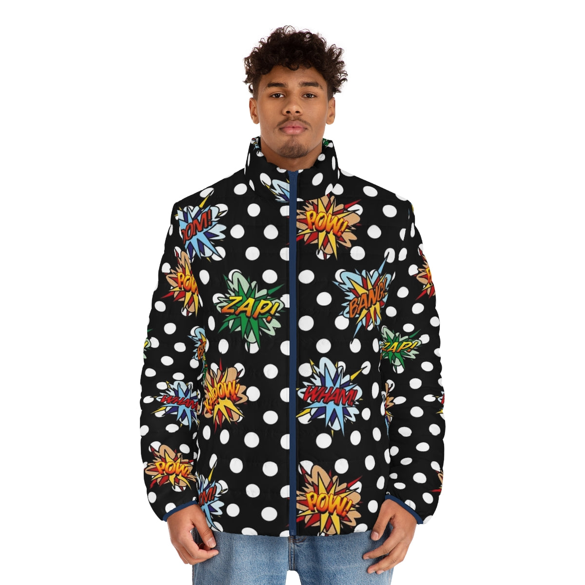 Vibrant comic book-inspired puffer jacket with pop art graphics - men front