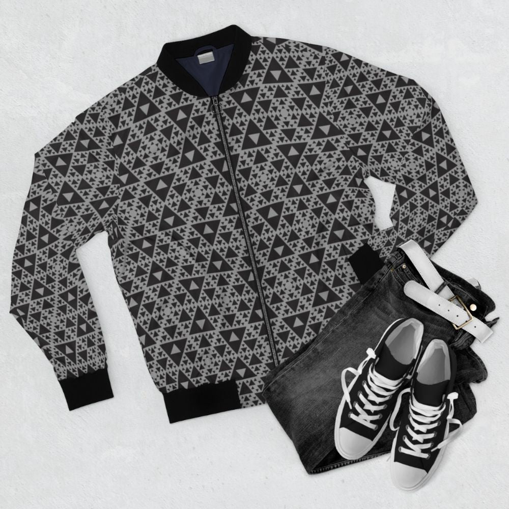 Dark-colored bomber jacket with a repeating triangle pattern, inspired by motion capture technology and Sierpinski triangles. - Flat lay