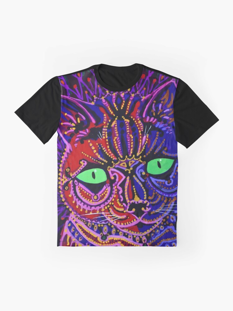 Vintage-style graphic t-shirt featuring the whimsical cat portraits of British artist Louis Wain - Flat lay