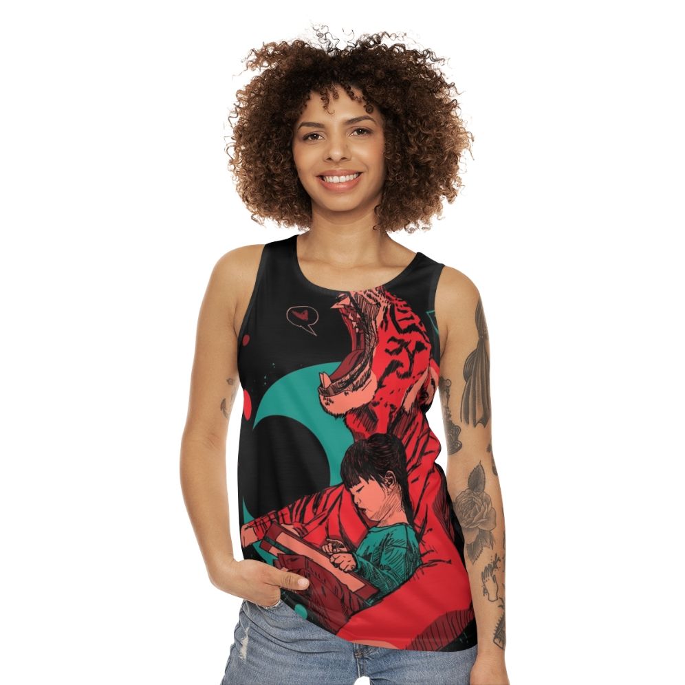 Unisex fantasy graphic tank top featuring a tiger and girl - women