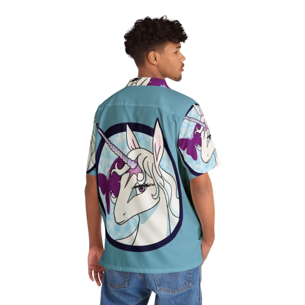 The Last Unicorn Hawaiian Shirt featuring a unicorn, Amalthea, and butterflies - People Back