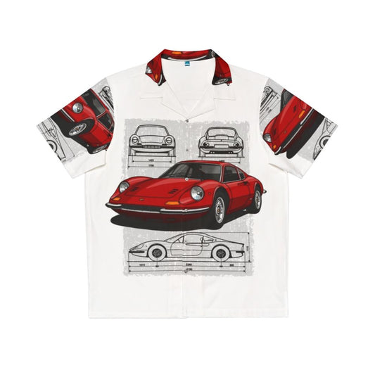 Illustration of the classic Ferrari Dino 206 GTB sports car on a Hawaiian shirt