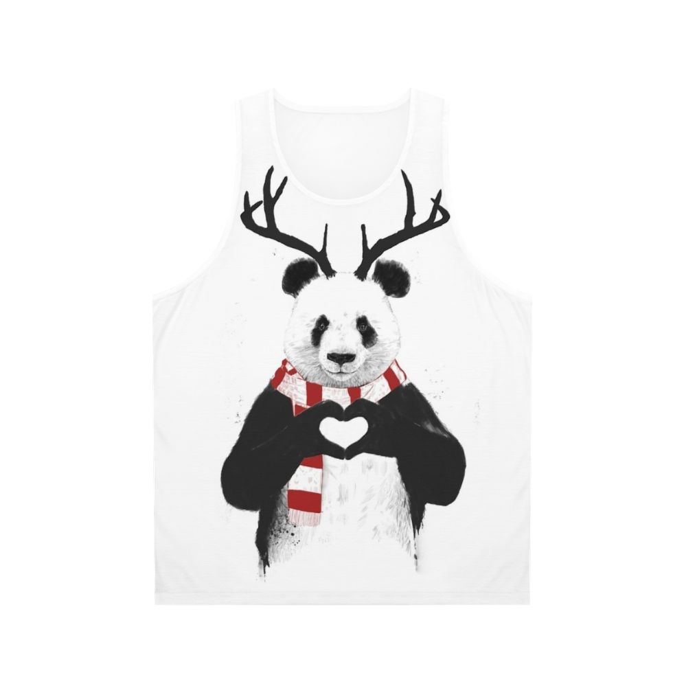 Panda wearing antlers on a Christmas-themed unisex tank top