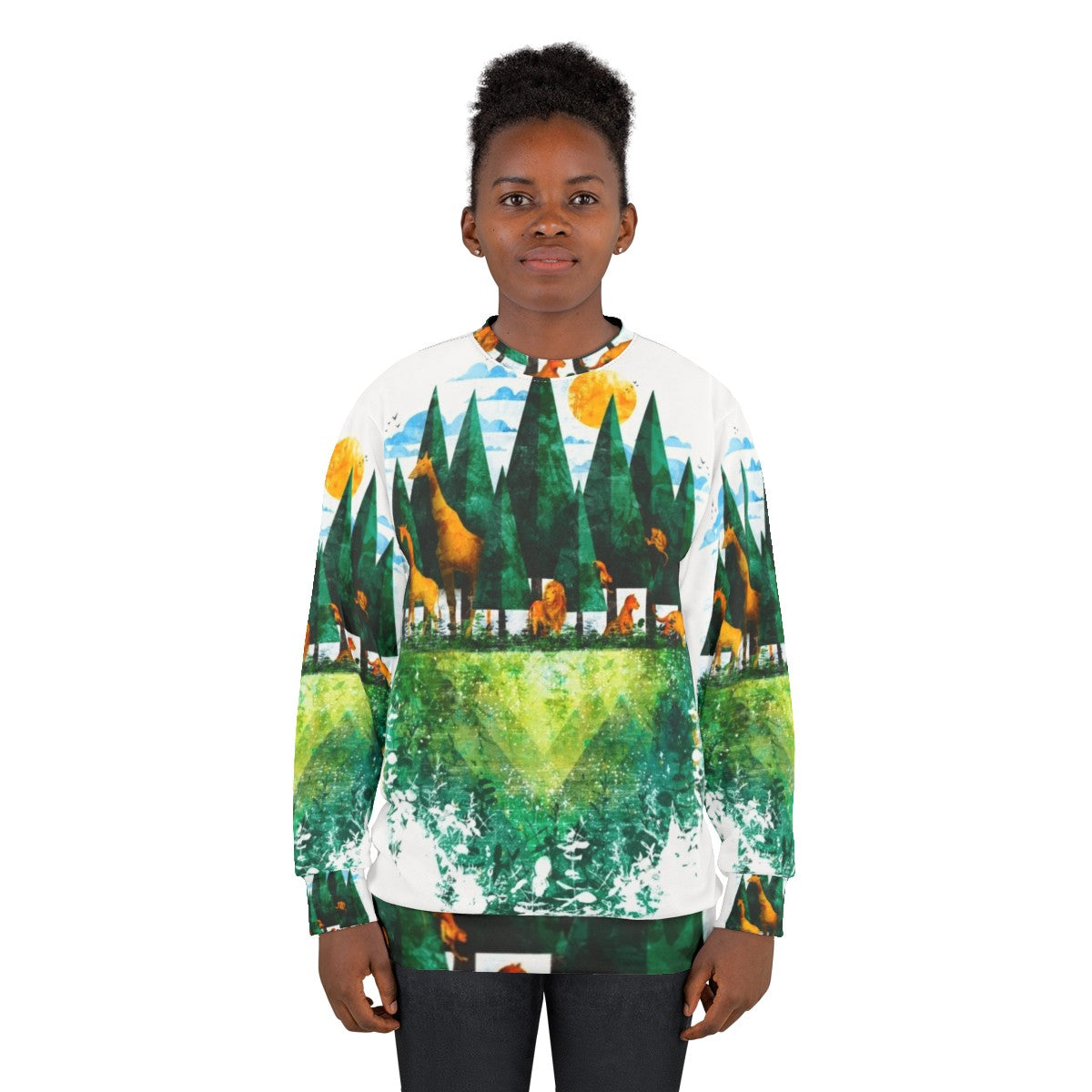 Geo Forest Sweatshirt with nature-inspired graphic design - women