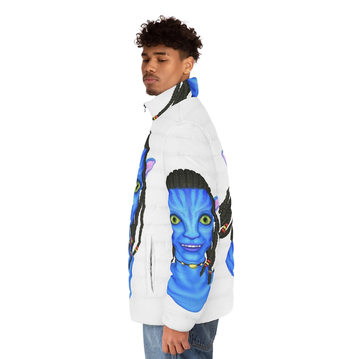 Avatar-inspired puffer jacket with vibrant colors and whimsical hairstyles - men side left