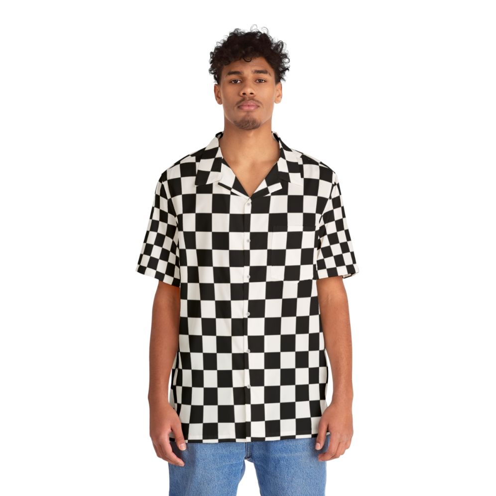 Black Checkerboard Hawaiian Shirt with Abstract Geometric Pattern - People Front