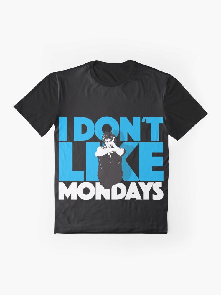 Vintage "I Don't Like Mondays" graphic t-shirt with 80s new wave punk style design - Flat lay