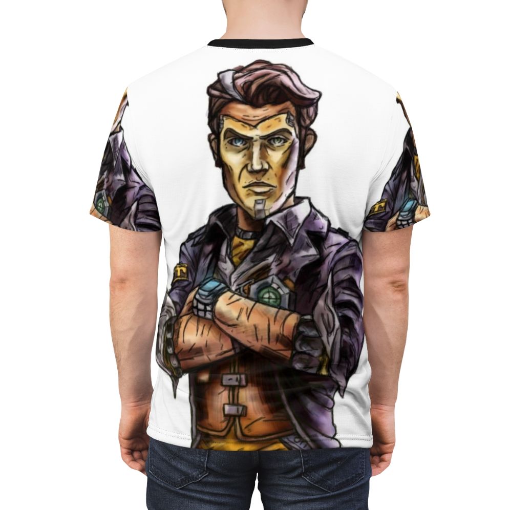 Borderlands inspired all-over-print t-shirt featuring the character Handsome Jack from the Borderlands video game series - men back