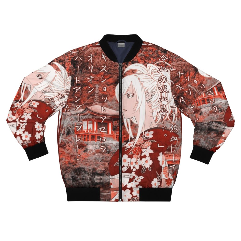 A stylish bomber jacket featuring the character Kiss-Shot Acerola-Orion Heart-Under-Blade from the Monogatari series, with a beautiful Japanese yukata-inspired design.