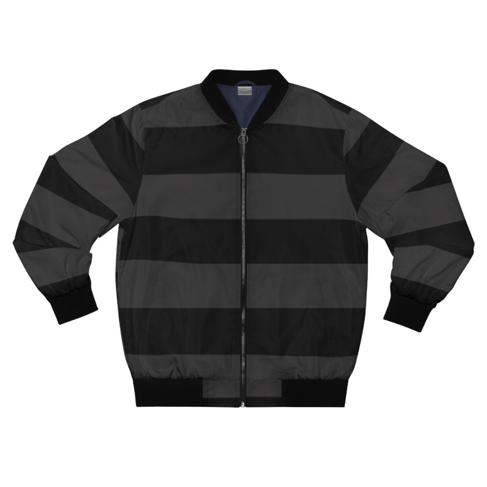 Black and grey striped bomber jacket with large horizontal stripes