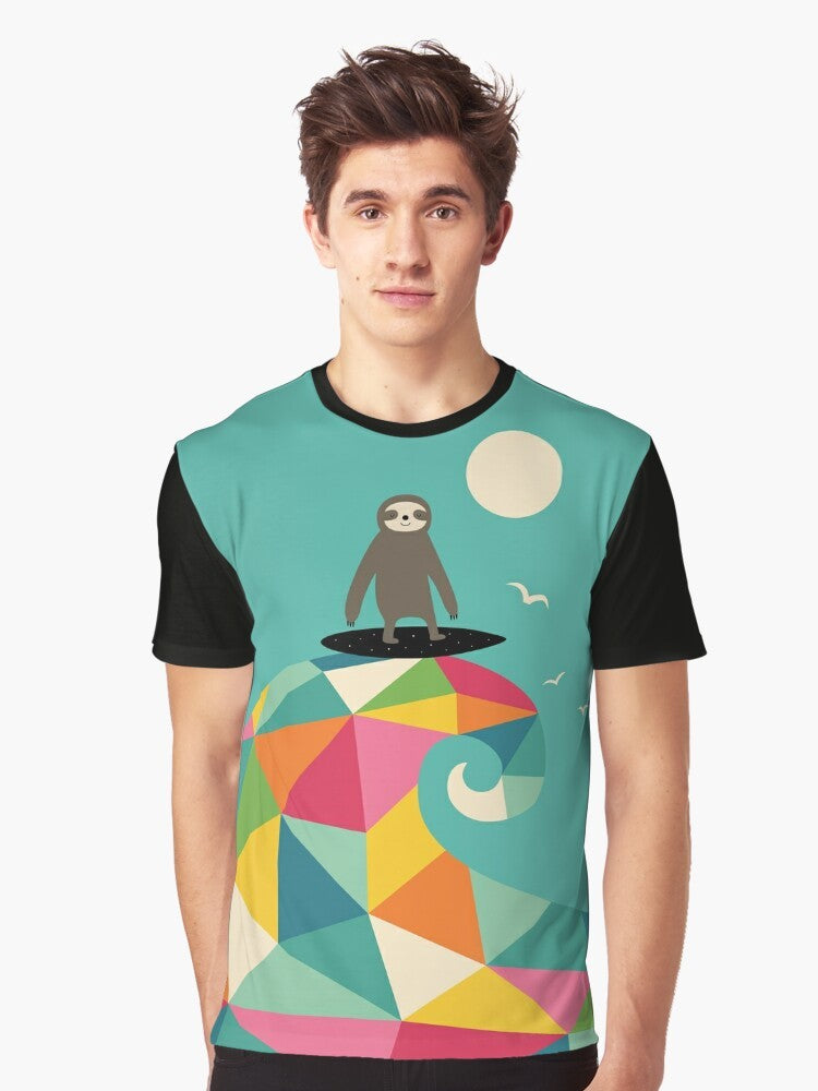 Surfer sloth with colorful geometric and rainbow designs on a graphic t-shirt - Men