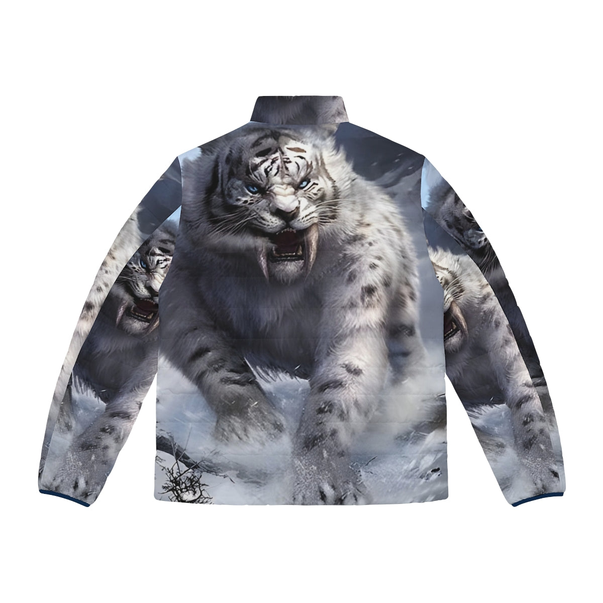 White sabertooth tiger puffer jacket with realistic animal print design - Back