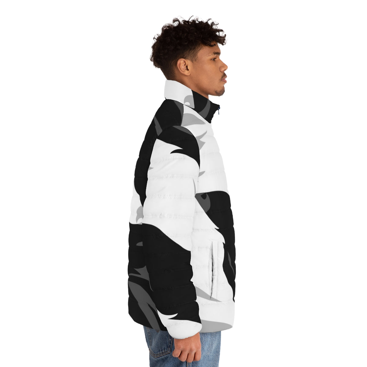 A cozy black and white puffer jacket with a yin yang animal print design. - men side right