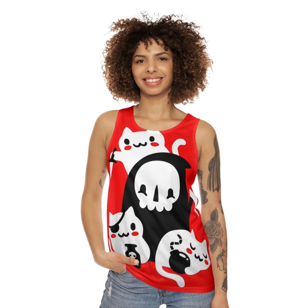 Unisex tank top with a graphic design featuring cats, skulls, and the Grim Reaper - women