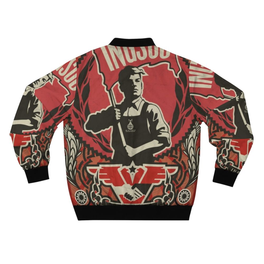 Bomber jacket with 1984 inspired "INGSOC" propaganda design, featuring Big Brother and other Orwellian imagery. - Back