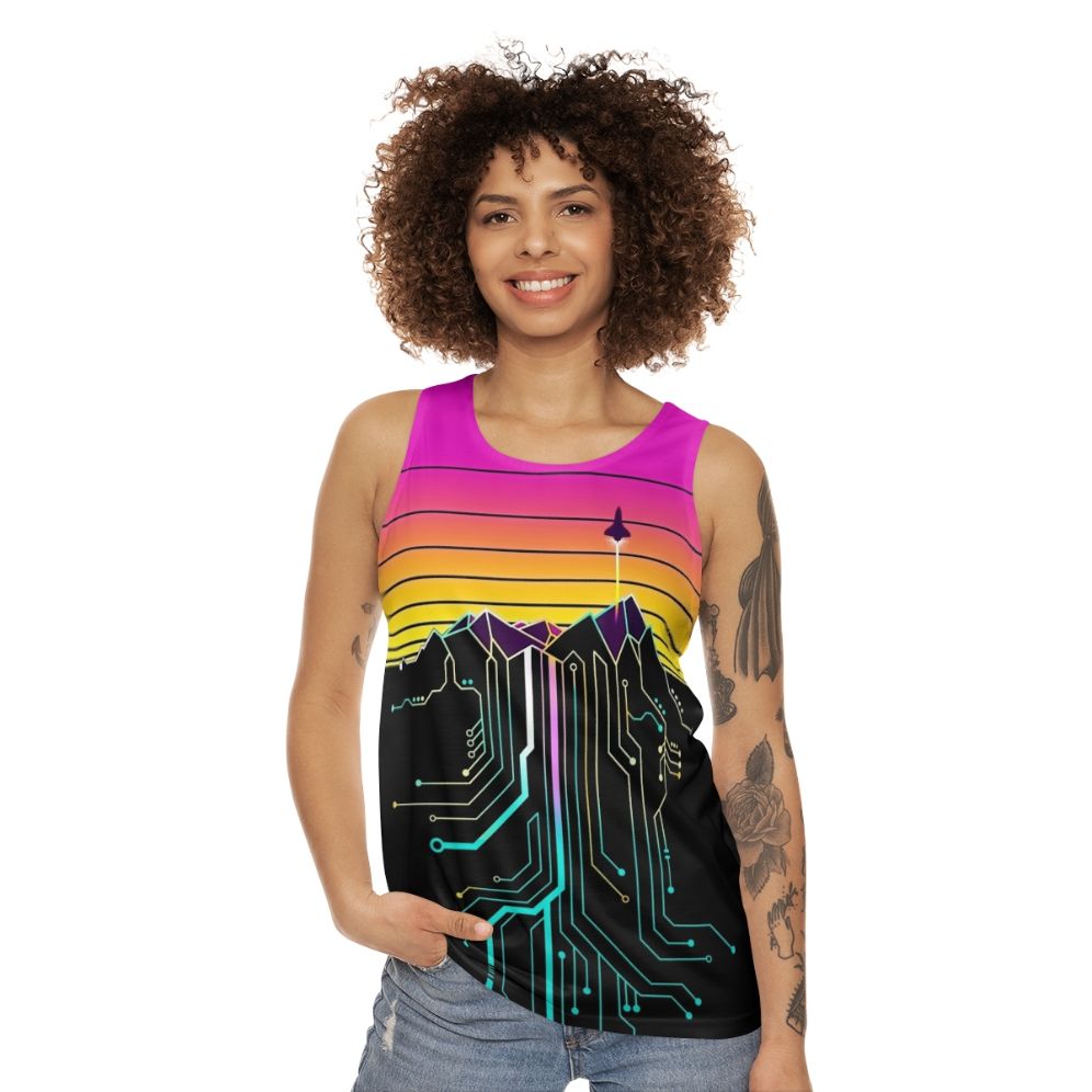 Unisex tank top with synthwave, vaporwave, and NASA space-inspired design - women