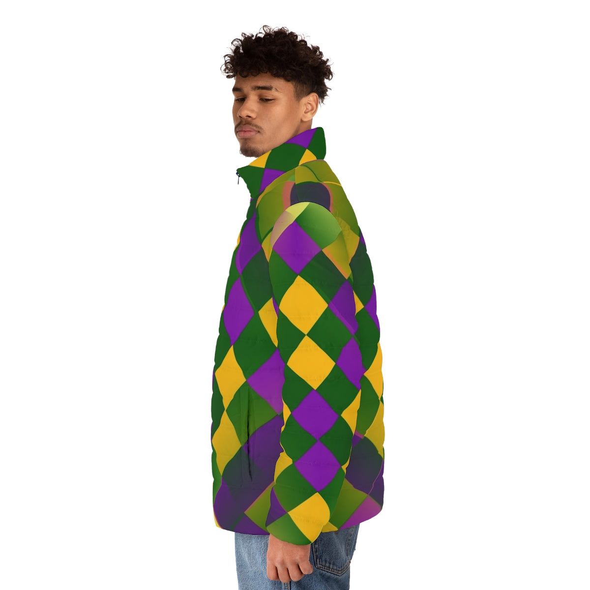 Mardi Gras puffer jacket with a colorful graphic design pattern - men side left