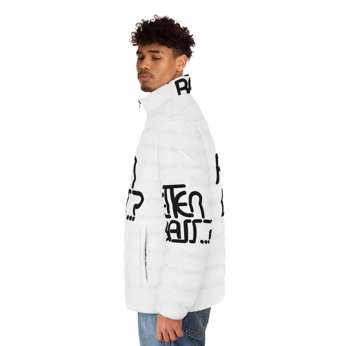 Black puffer jacket with dubstep-inspired typography - men side left