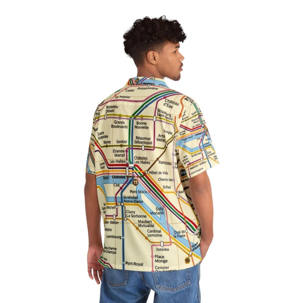 Person wearing a colorful Hawaiian shirt featuring a map of the Paris Metro system - People Back