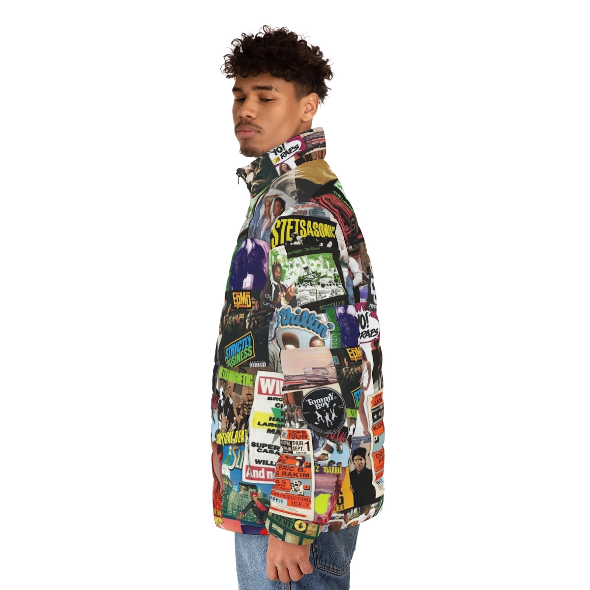 Retro old school hip hop puffer jacket with graphic collage print - men side left