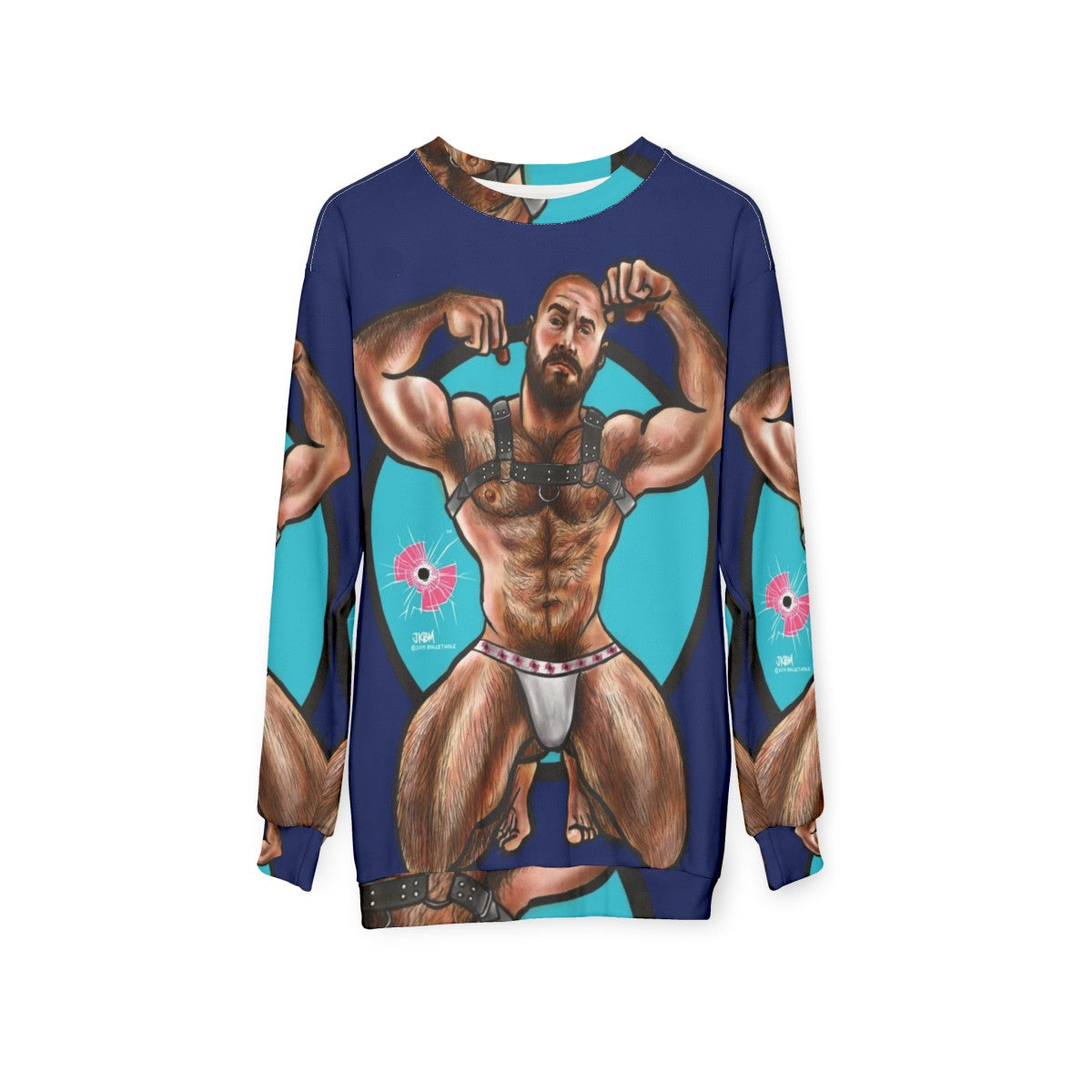 Bullethole graphic sweatshirt for muscle bear fashion - hanging