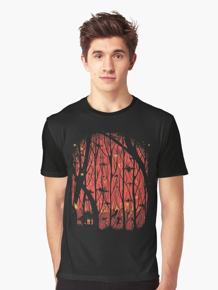 Whimsical fireflies glowing in a red forest at night on a graphic t-shirt design. - Men