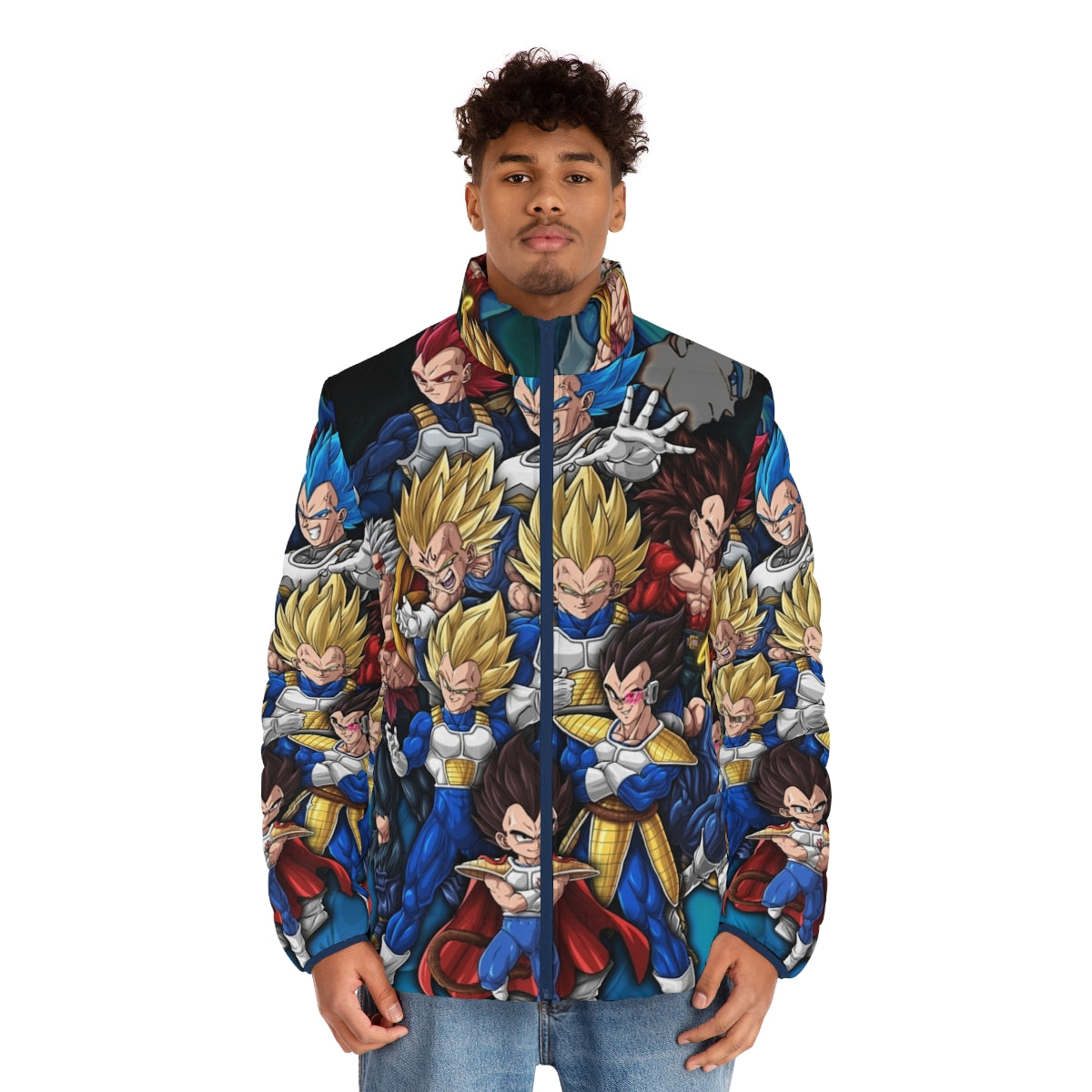 Prince Vegeta Puffer Jacket featuring digital art design of the iconic Dragon Ball Z character - men front