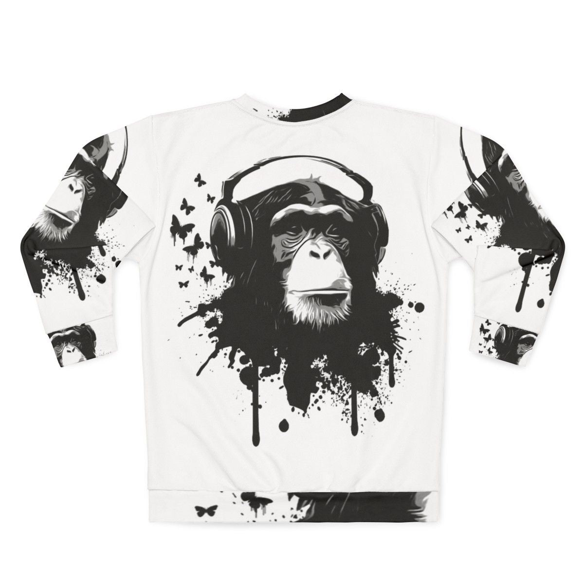 Stylish monkey business sweatshirt with vibrant splatter pattern and animal graphics - Back