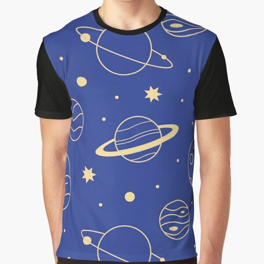 Graphic t-shirt featuring a minimalist design of the solar system and space elements