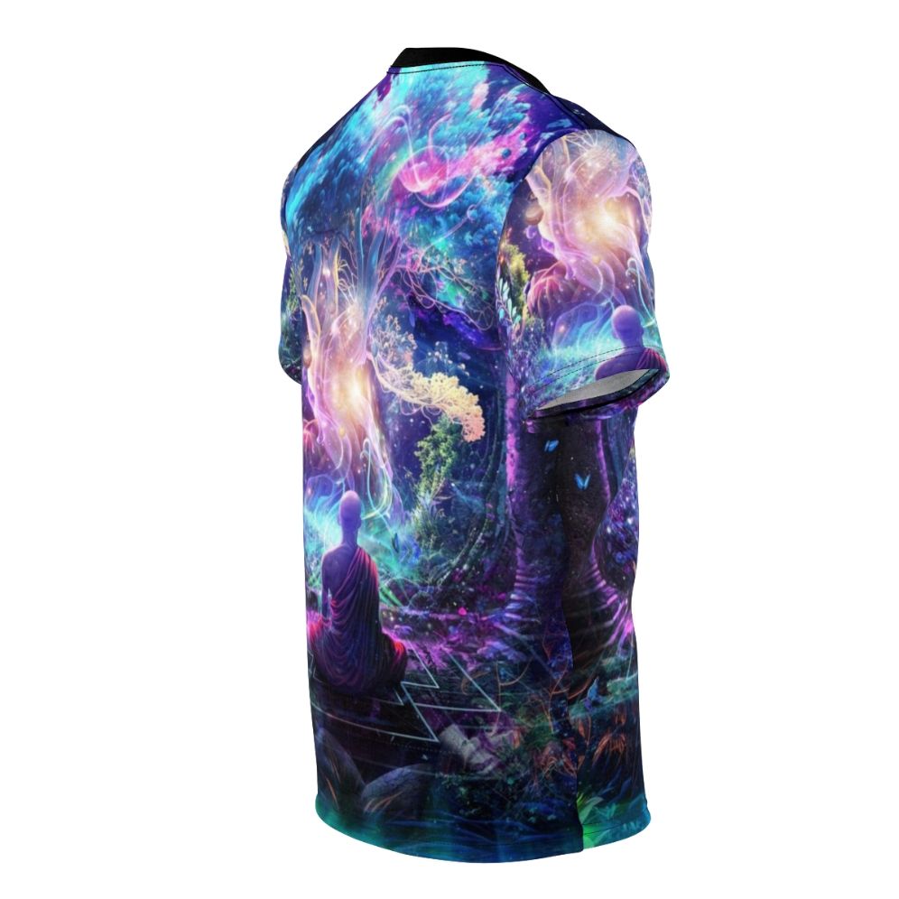 Visionary art t-shirt featuring a cosmic, jungle-inspired design with blue, neon, and spiritual elements. - men right