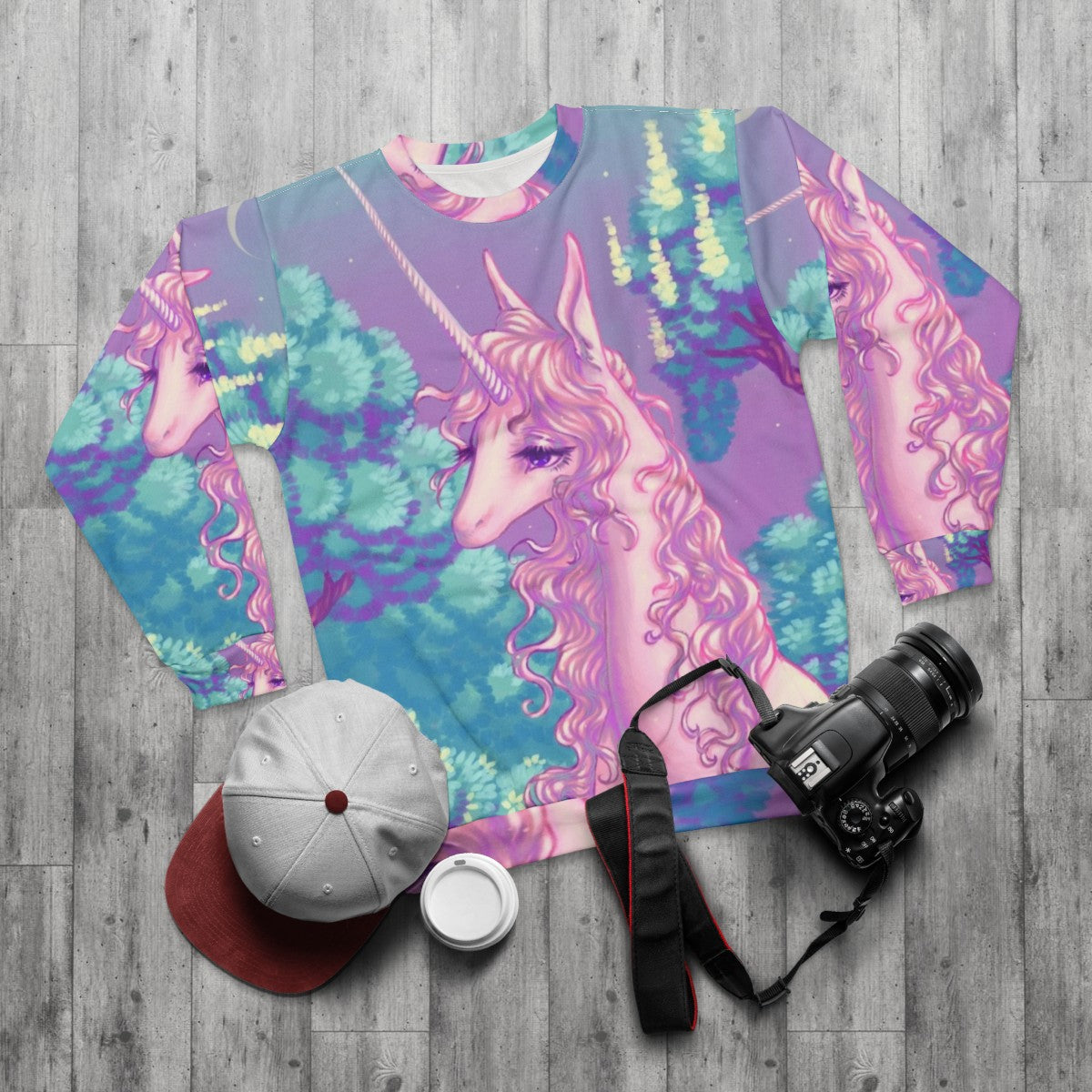 The Last Unicorn Forest Sweatshirt - Retro 80s Unicorn Apparel - flat lay