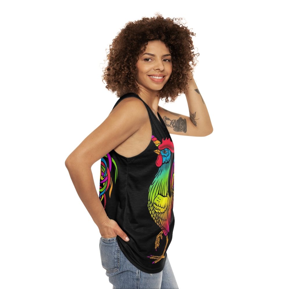 Colorful unicorn and chicken print unisex tank top - women side