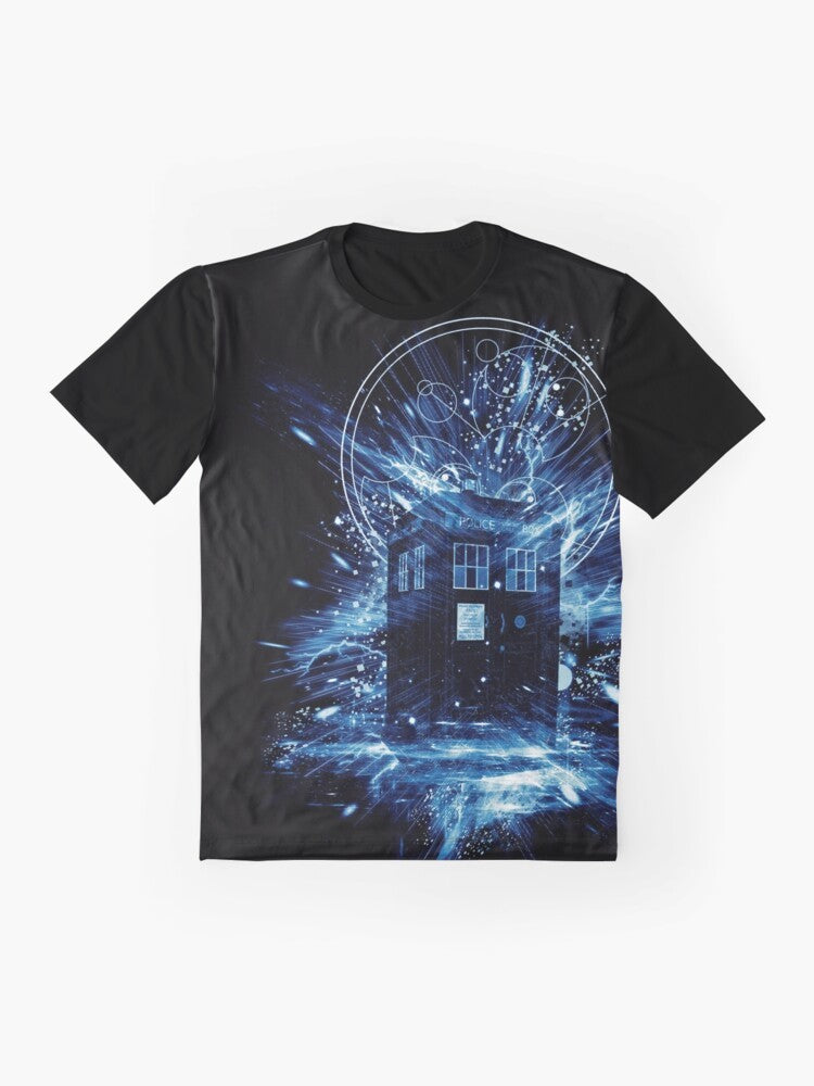 Time Storm Graphic Doctor Who T-Shirt featuring the iconic blue box from the sci-fi television series - Flat lay