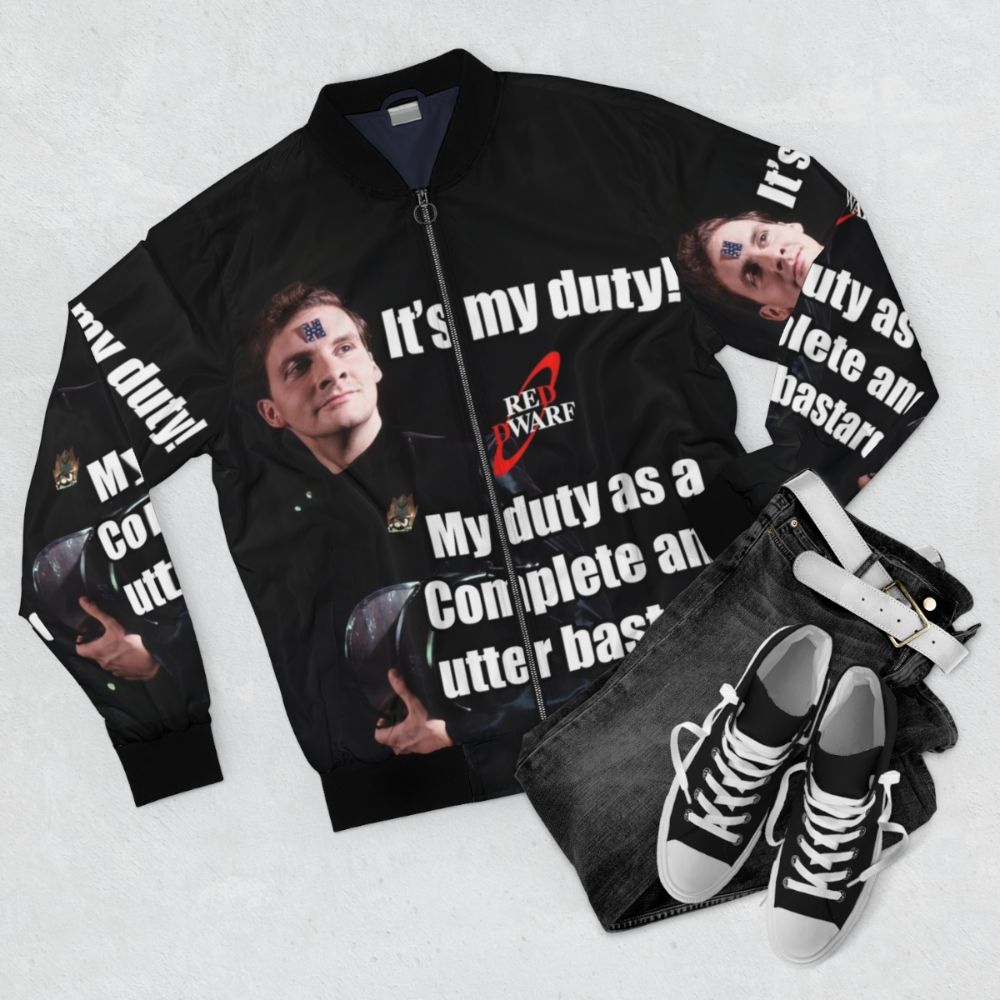 Red Dwarf Rimmer "It's My Duty" Bomber Jacket - Flat lay