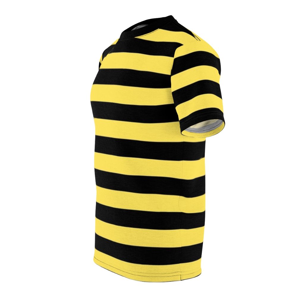 Stylish black and yellow striped t-shirt with a bold, graphic design inspired by the popular "Me Before You" movie and book. - men left