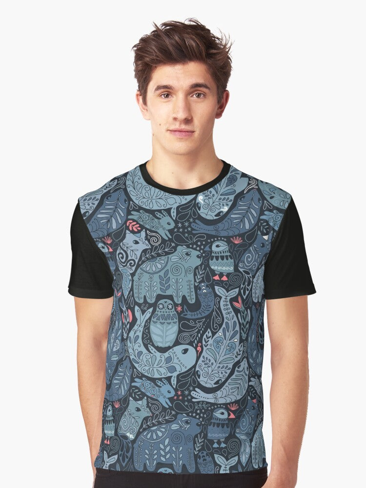 Colorful graphic t-shirt design featuring cute arctic animals like narwhal, polar bear, and whale. - Men