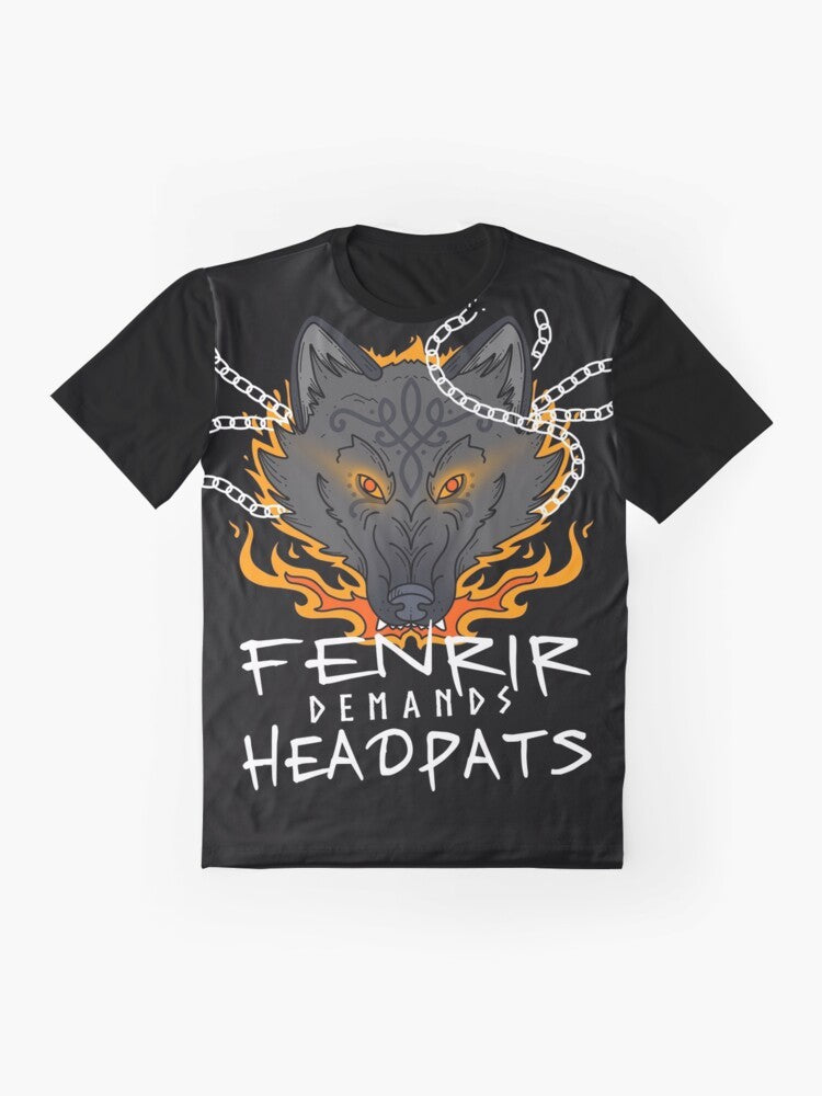 A graphic t-shirt featuring the Norse mythological figure Fenrir, the large wolf-like creature associated with Ragnarok. - Flat lay