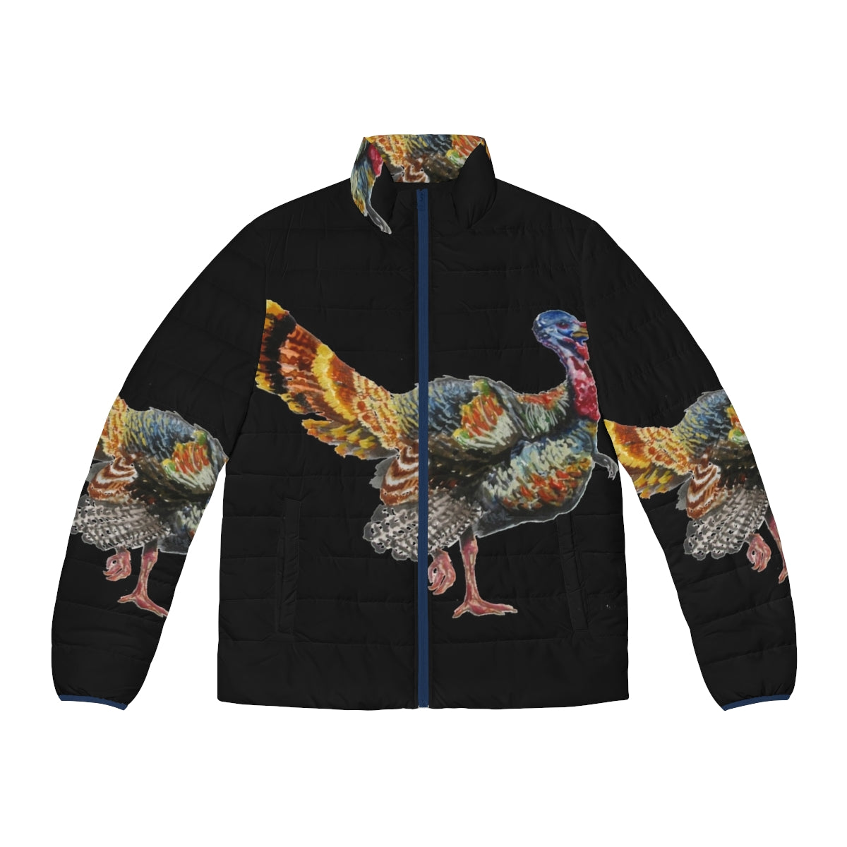 Watercolor turkey puffer jacket featuring realistic turkey feather design