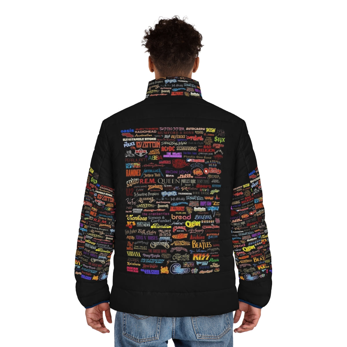 Retro rock bands puffer jacket featuring classic album cover art - men back