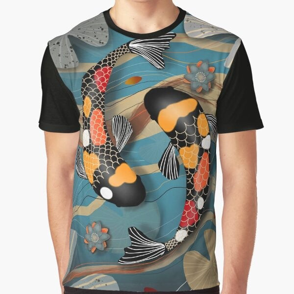 Koi fish swimming in a pond with a watergarden graphic design on a t-shirt