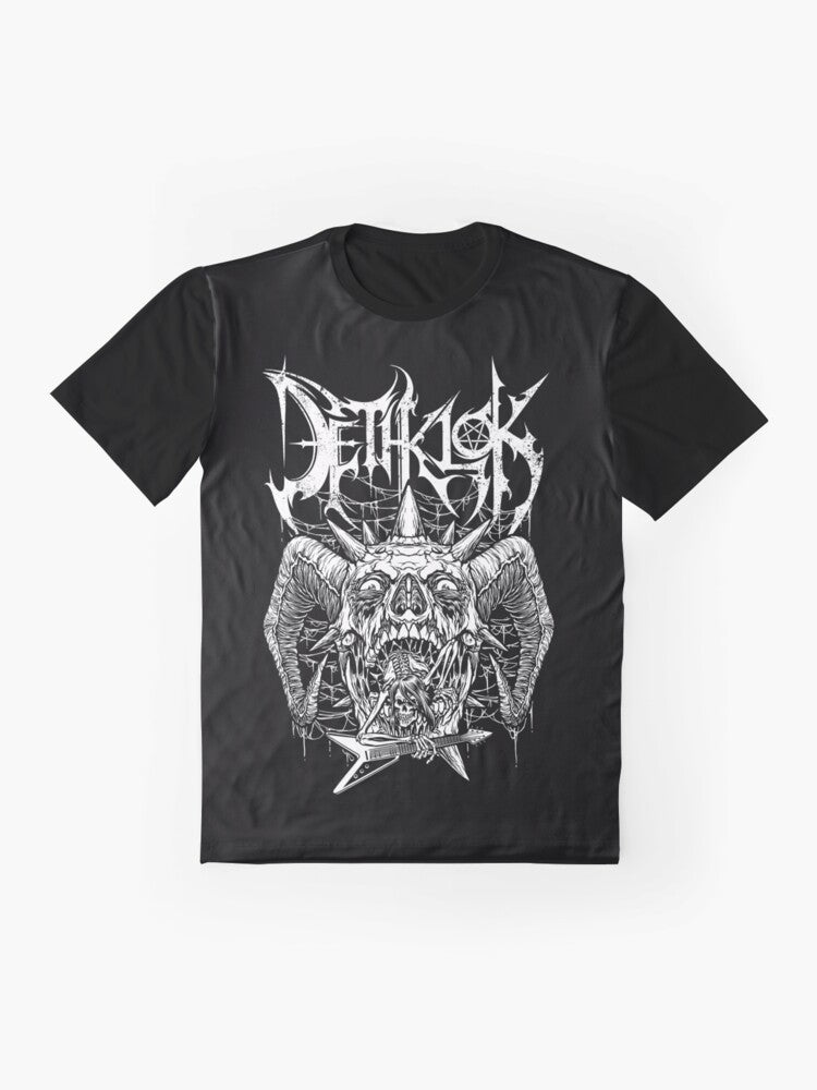 Dethklok Metalocalypse graphic design printed on a black t-shirt - Flat lay