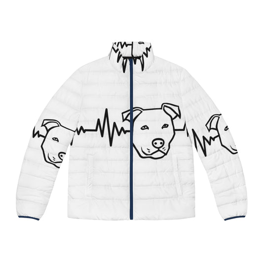 Pitbull wearing a puffer jacket with a heartbeat design